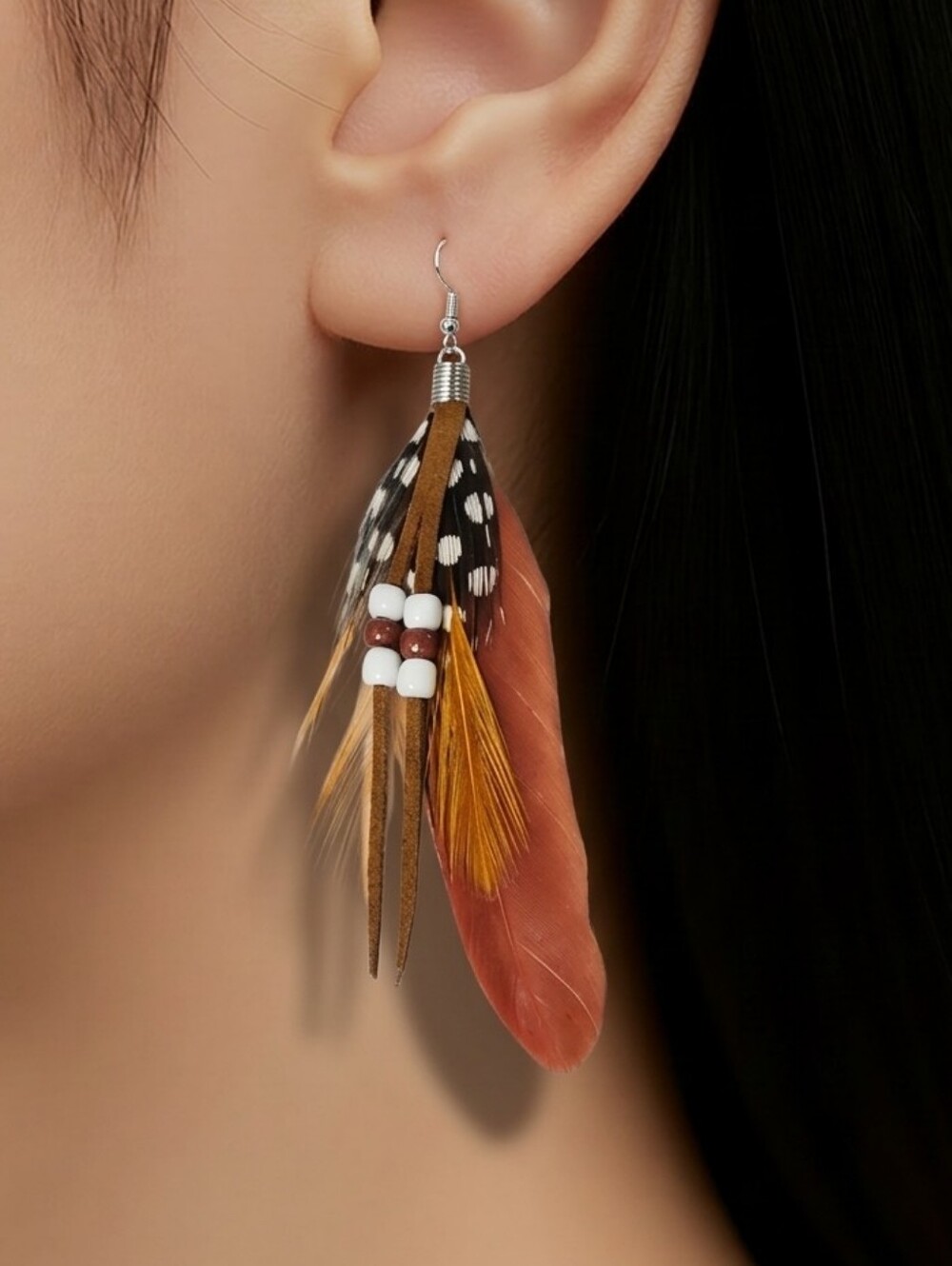 Boho Feather Earrings Western Leather Fringe Beaded Dangle Coastal Cowgirl Chic